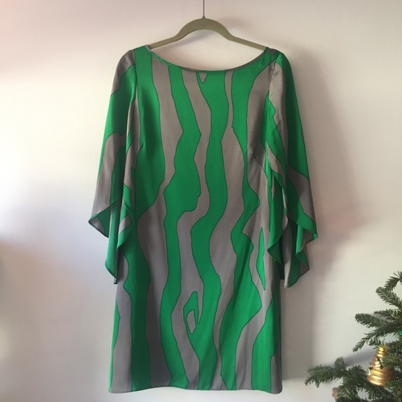 Milly Dresses & Skirts - Milly 100% Silk Green & Gray Flutter Sleeve Dress