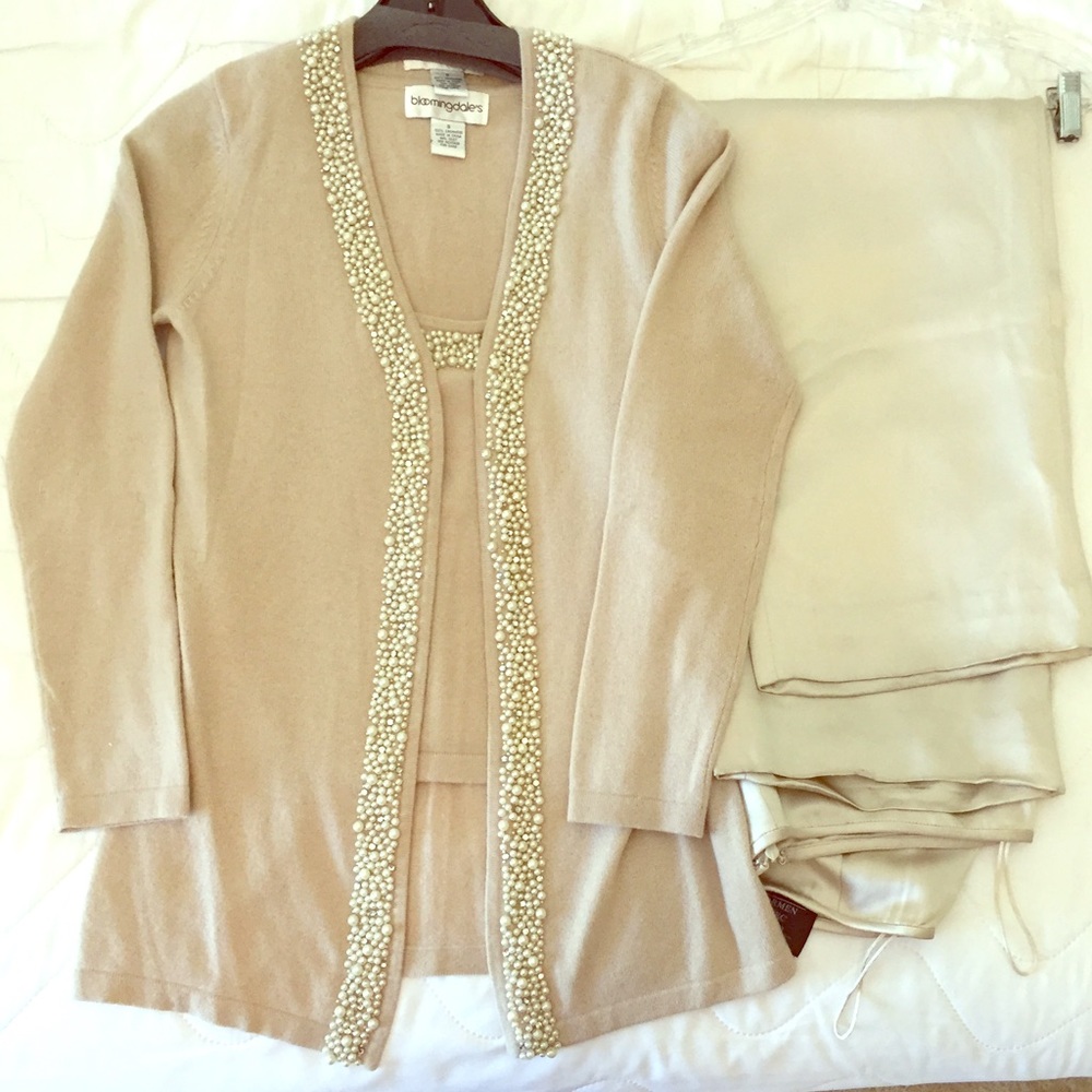 Beaded embellished cream cashmere sweater set