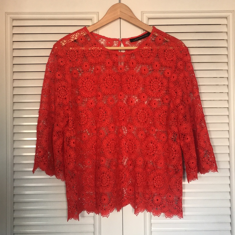 Festive red lace top sheer Zara top