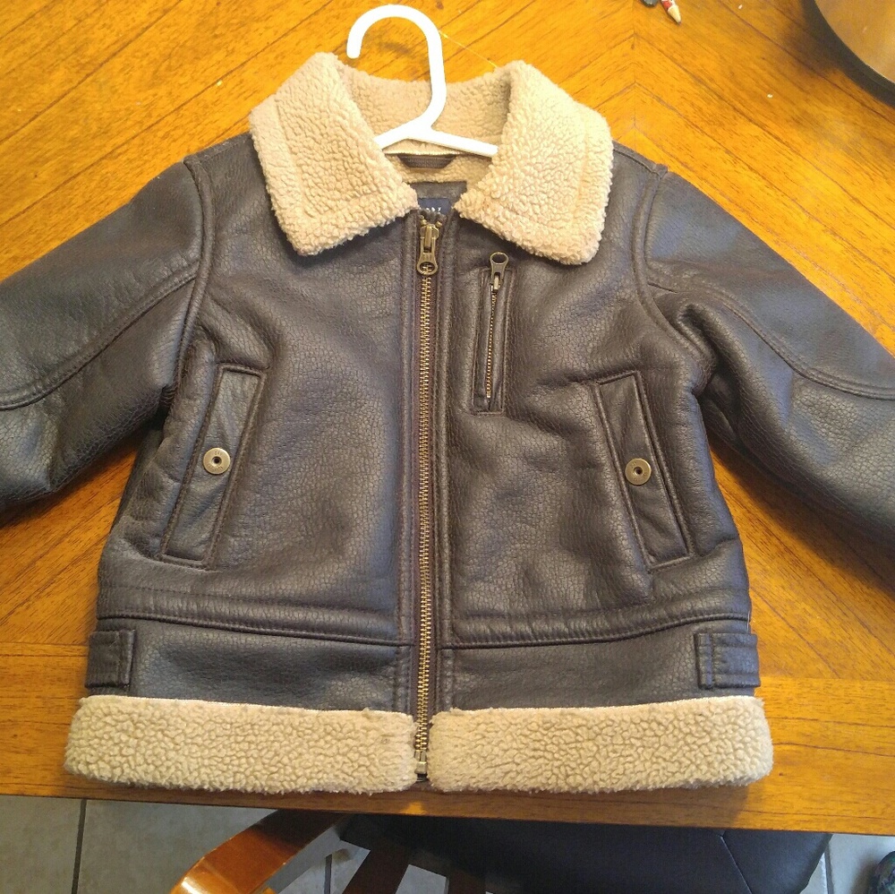 Baby Gap 3T Brown leather wool lined Bomber Jacket