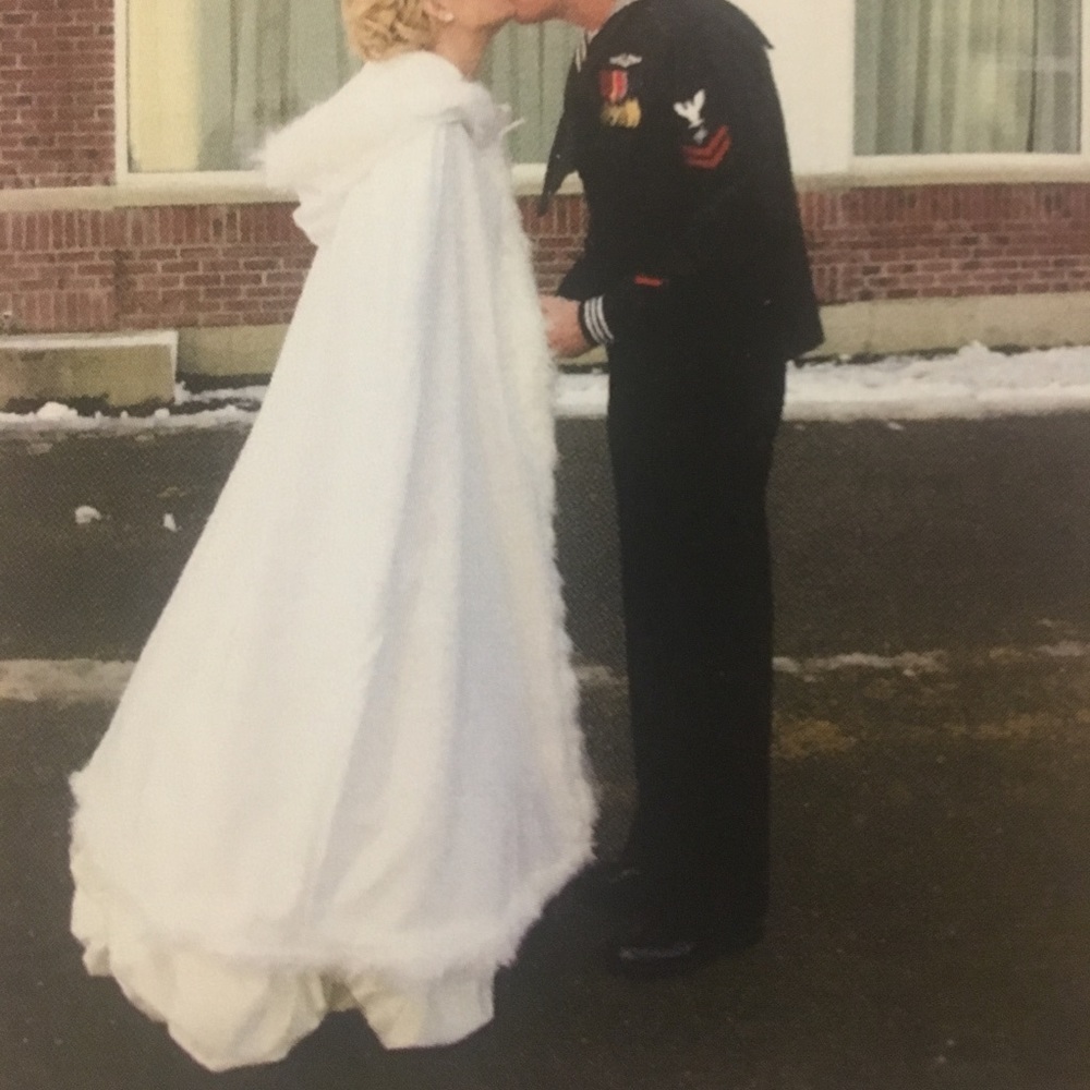 White winter wedding hooded cloak with muff