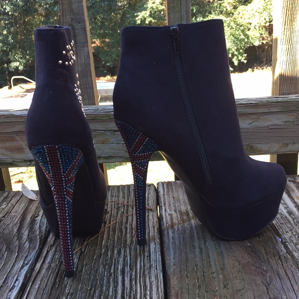 BLACK SUEDE BRITISH RHINESTONE ANKLE PLATFORM BOOT
