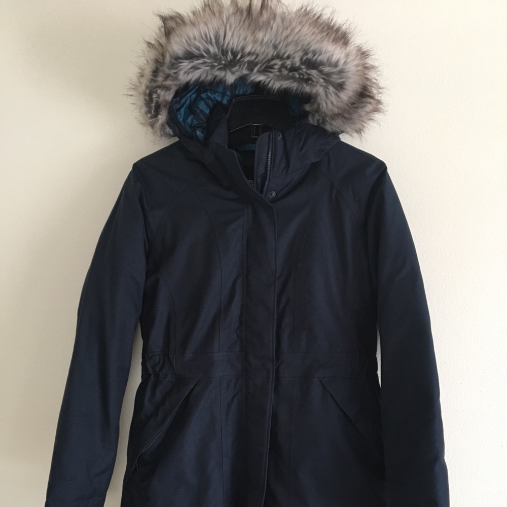 The North Face knee length navy blue winter coat