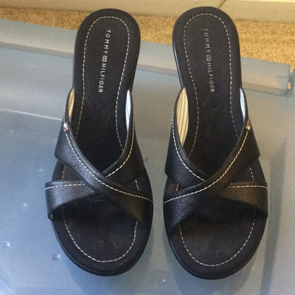 Tommy black wedge slip on shoes