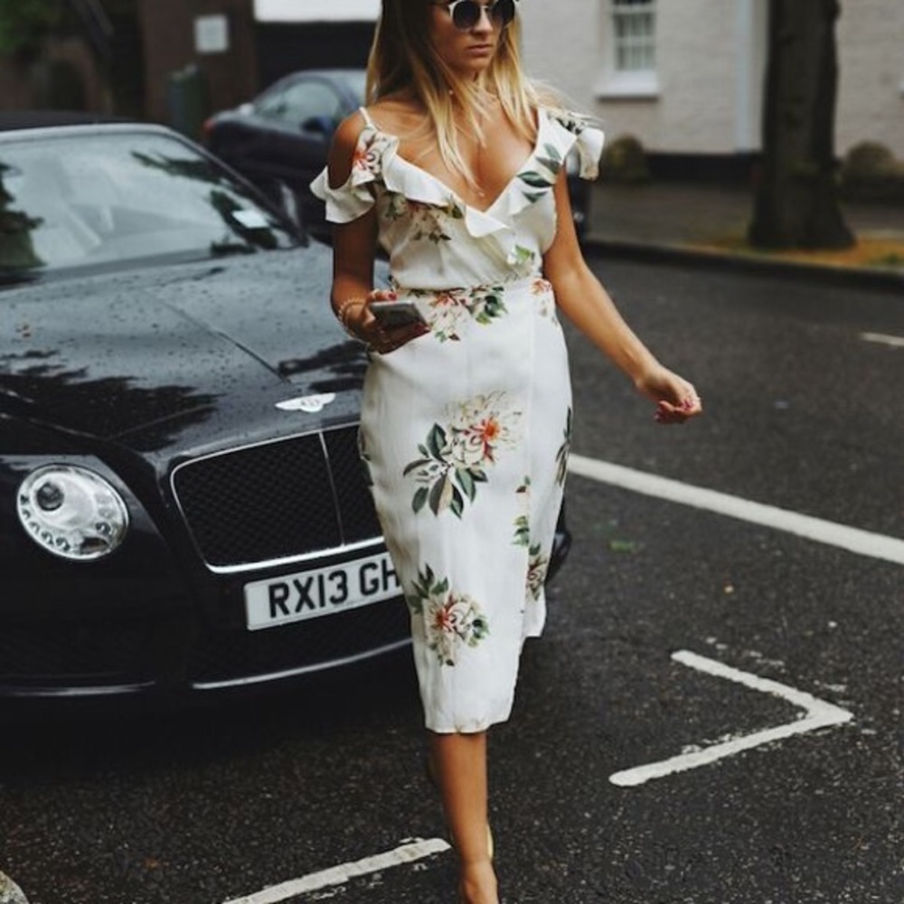Topshop floral flutter open shoulder midi dress
