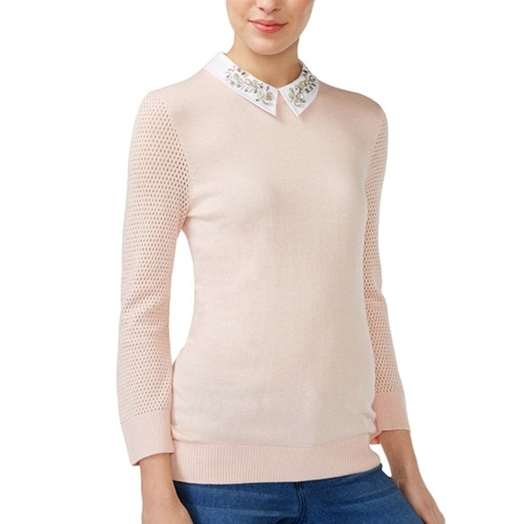 pink sweater with embellished collar