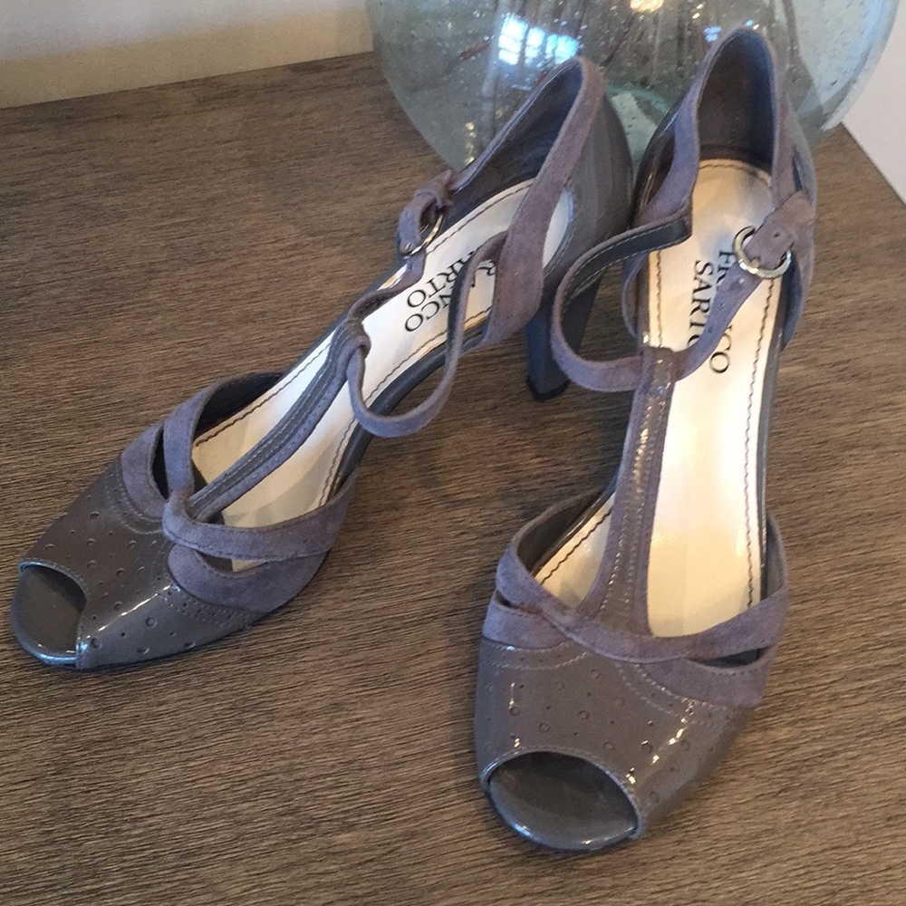Franco Sarto t-strap suede and leather heels