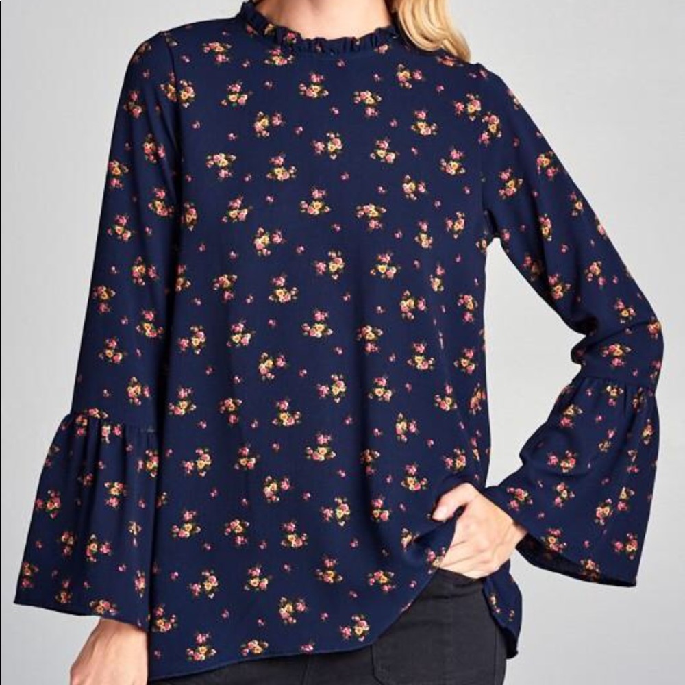 BOHO Navy Floral Blouse w/ Bell Sleeves