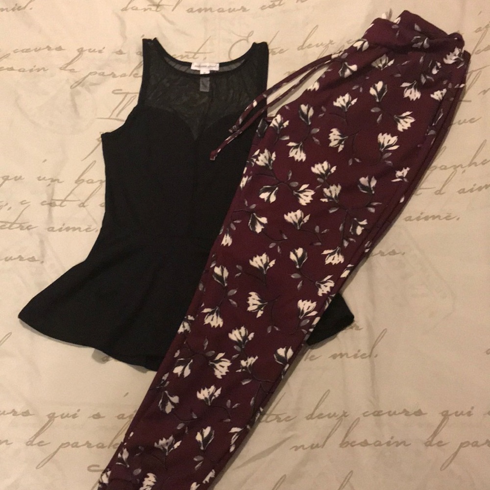 Maroon floral drawstring pants