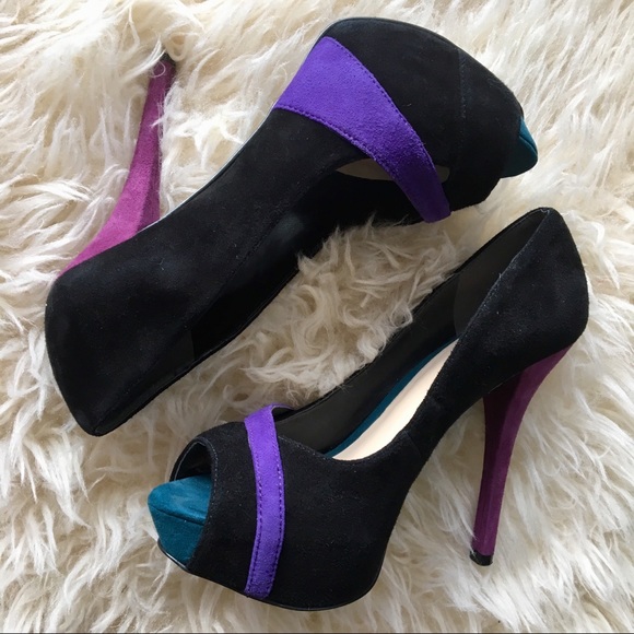 Guess ❦ Purple & Teal Suede Platform Peeptoe Pumps - Picture 1 of 7