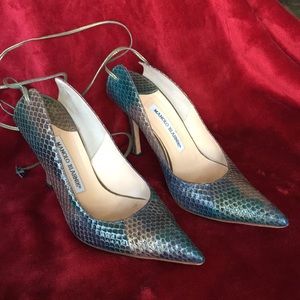 Manolo snakeskin. Lace up back.