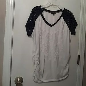 Beaded ruched floral v neck top southpole