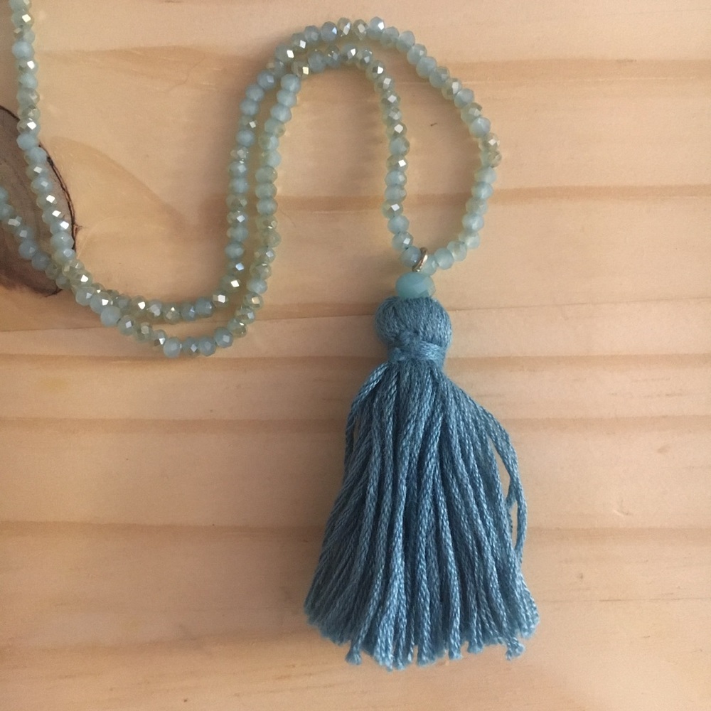 Blue Tassel Necklace with Blue Beading