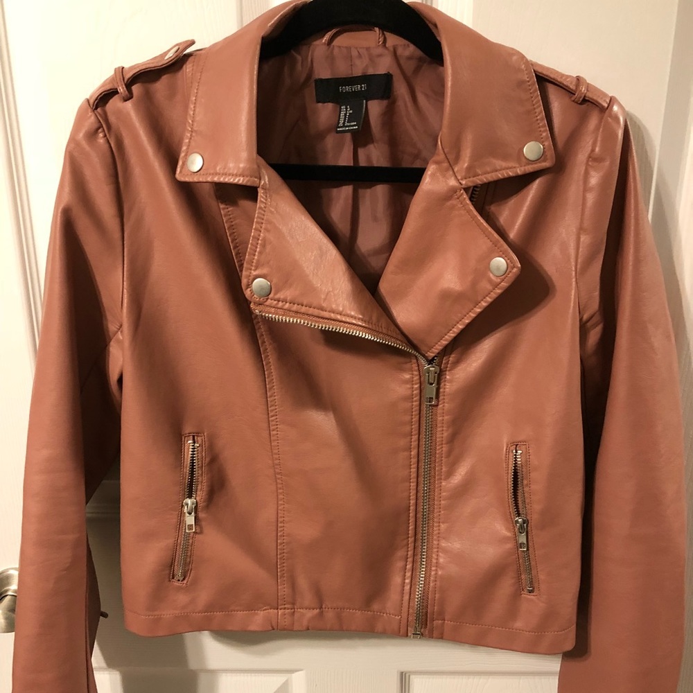 Dusty pink faux leather moto jacket