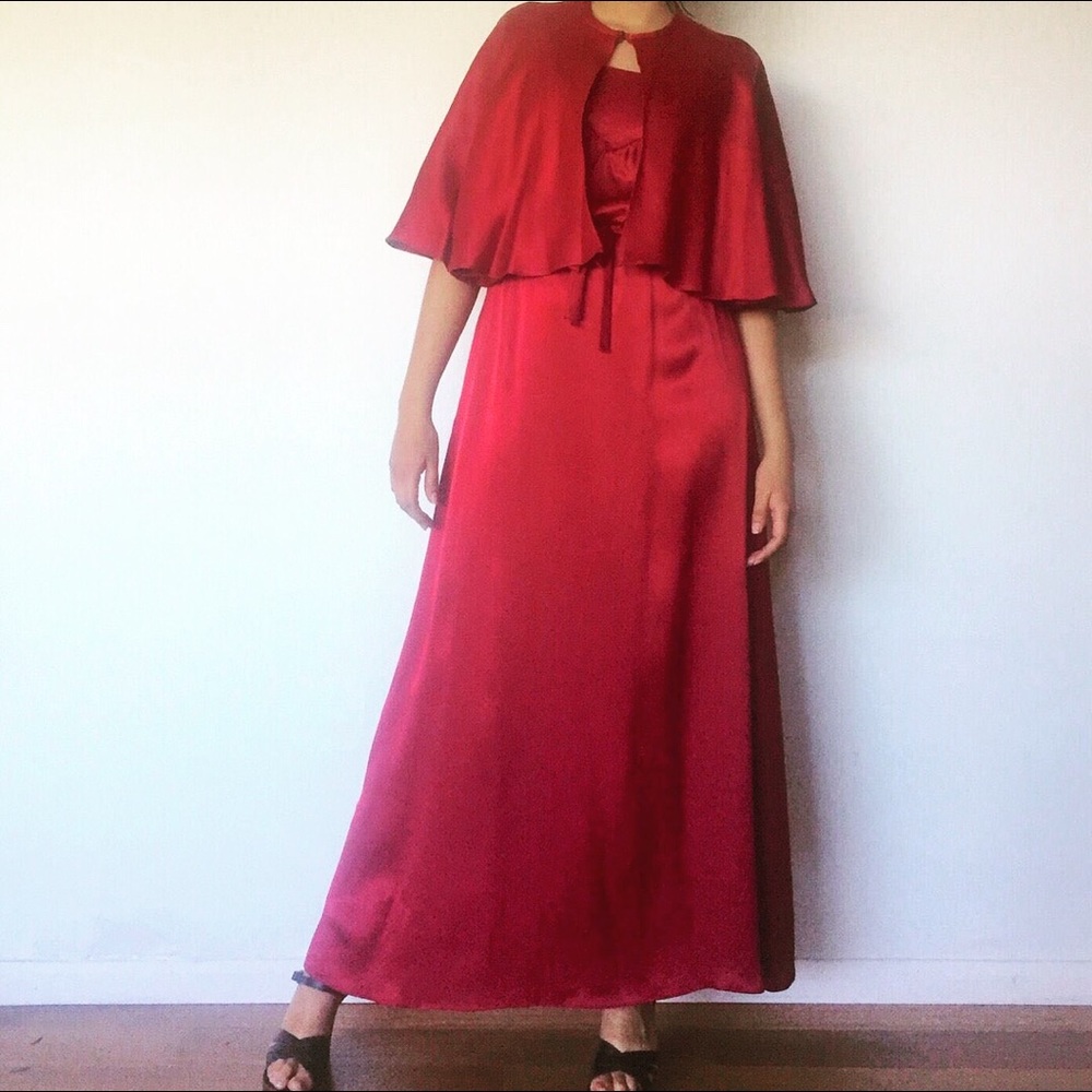 Vintage 70s Red Satin Maxi Prom Dress Cape S