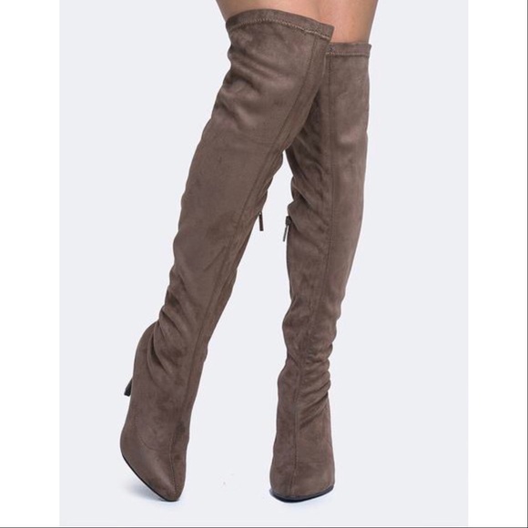 Taupe Pointy Toe Over The Knee High Heel Boots - Picture 2 of 4
