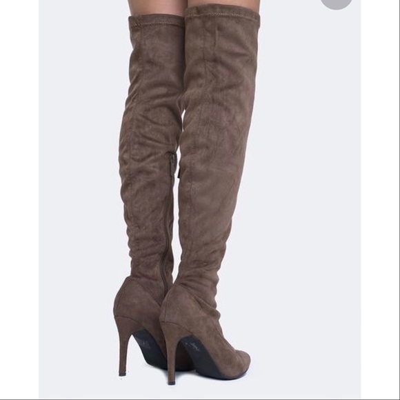 Taupe Pointy Toe Over The Knee High Heel Boots - Picture 4 of 4
