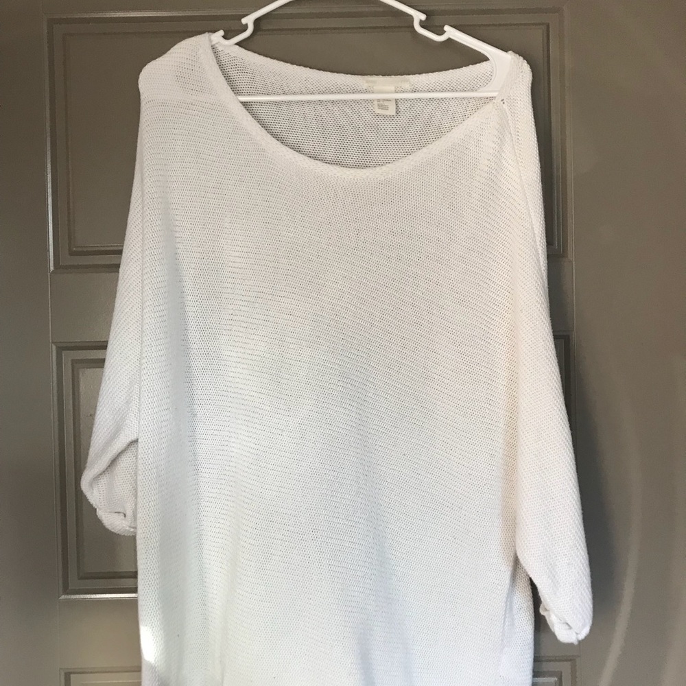 White, knit, off the shoulder sweater.
