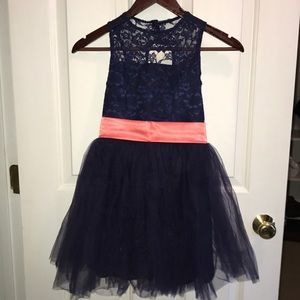 Custom Navy Lace Dress w/ Coral Satin Sash
