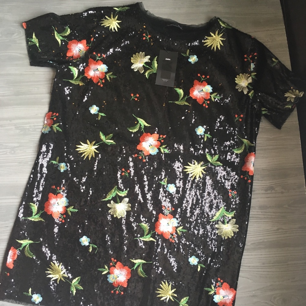 Zara embroidered sequin shift dress