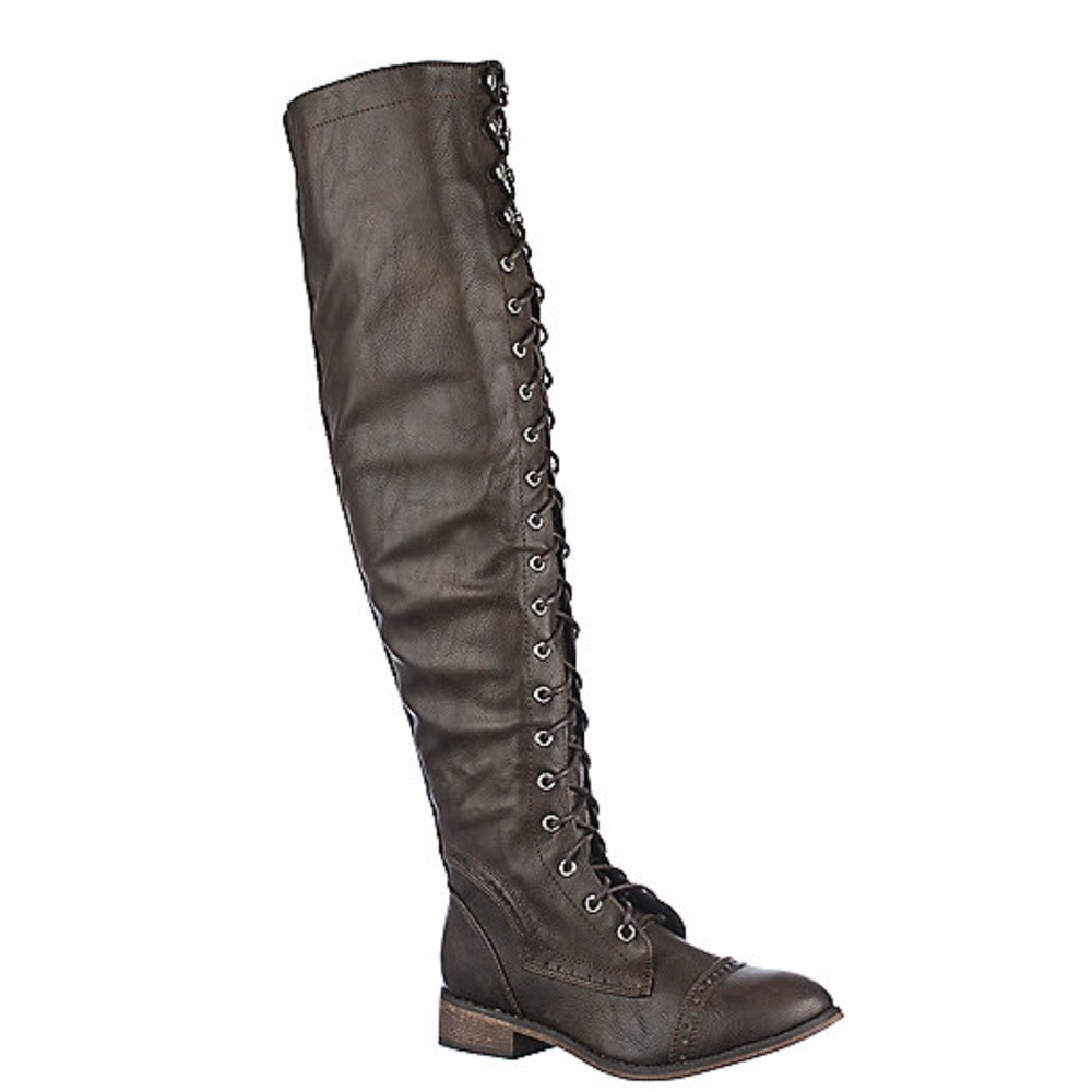 Brown Thigh High Over The Knee Lace Up Flat Boots - Picture 4 of 8