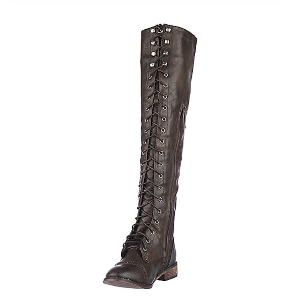 Brown Thigh High Over The Knee Lace Up Flat Boots - Picture 5 of 8