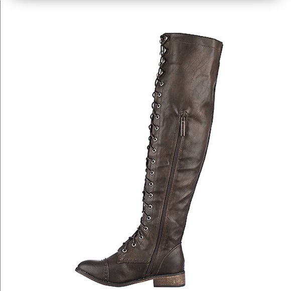 Brown Thigh High Over The Knee Lace Up Flat Boots - Picture 6 of 8