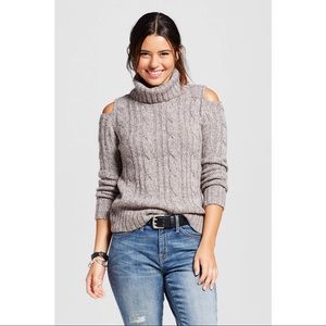 Cable Knit Cold Shoulder Turtleneck Sweater