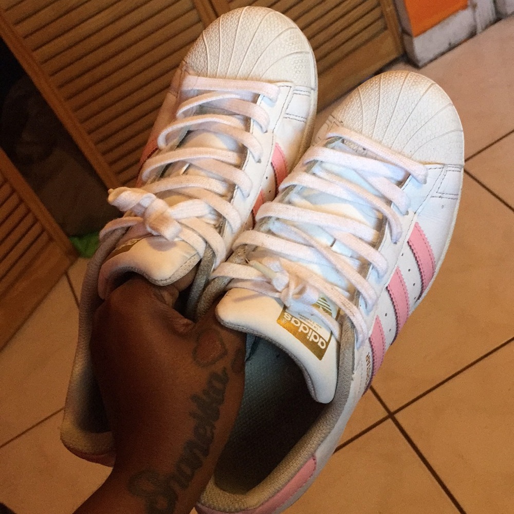 Pink and white Superstar adidas