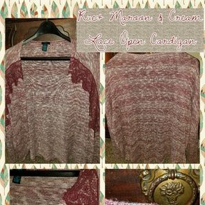 EUC 2X Rue+ Maroon & Cream Lace Open Cardigan