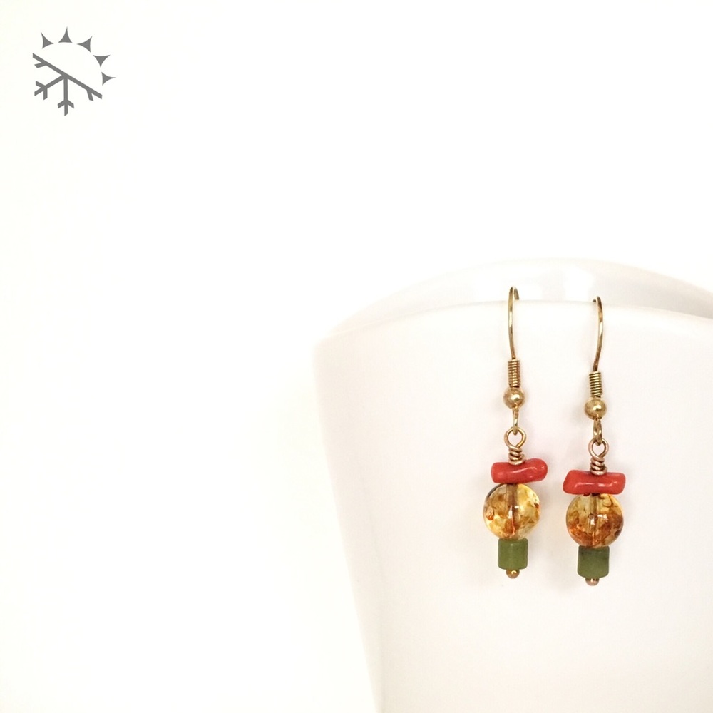 18K Jade & Vintage Coral & Glass Earrings