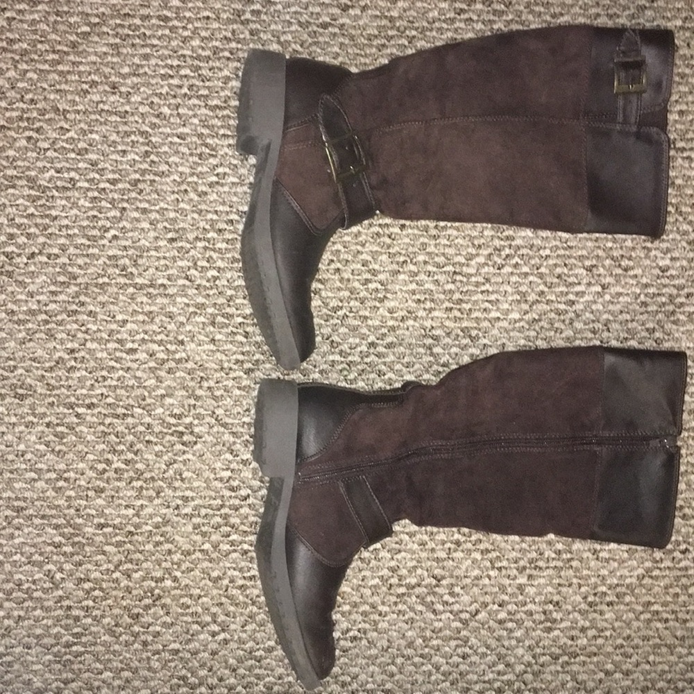 brown leather swede like buckle boots