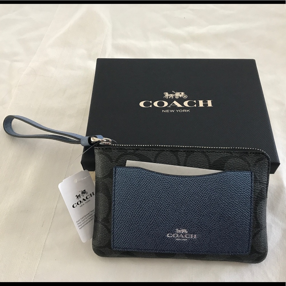 Coach Corner Zip Wristlet - MetallicBlue