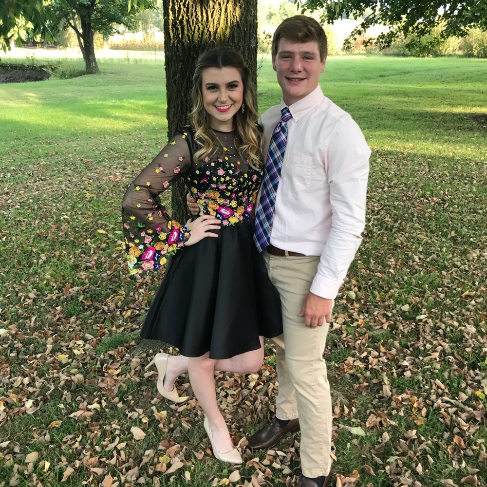 Bell-Sleeved Black Floral Homecoming Dress