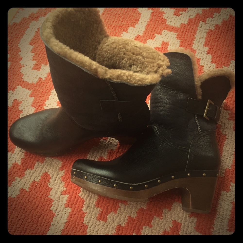 UGG Lynnea Leather Clog Boots with Fur