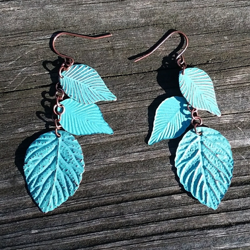 Antiqued oxidized blue bronze leaf leaves dangles