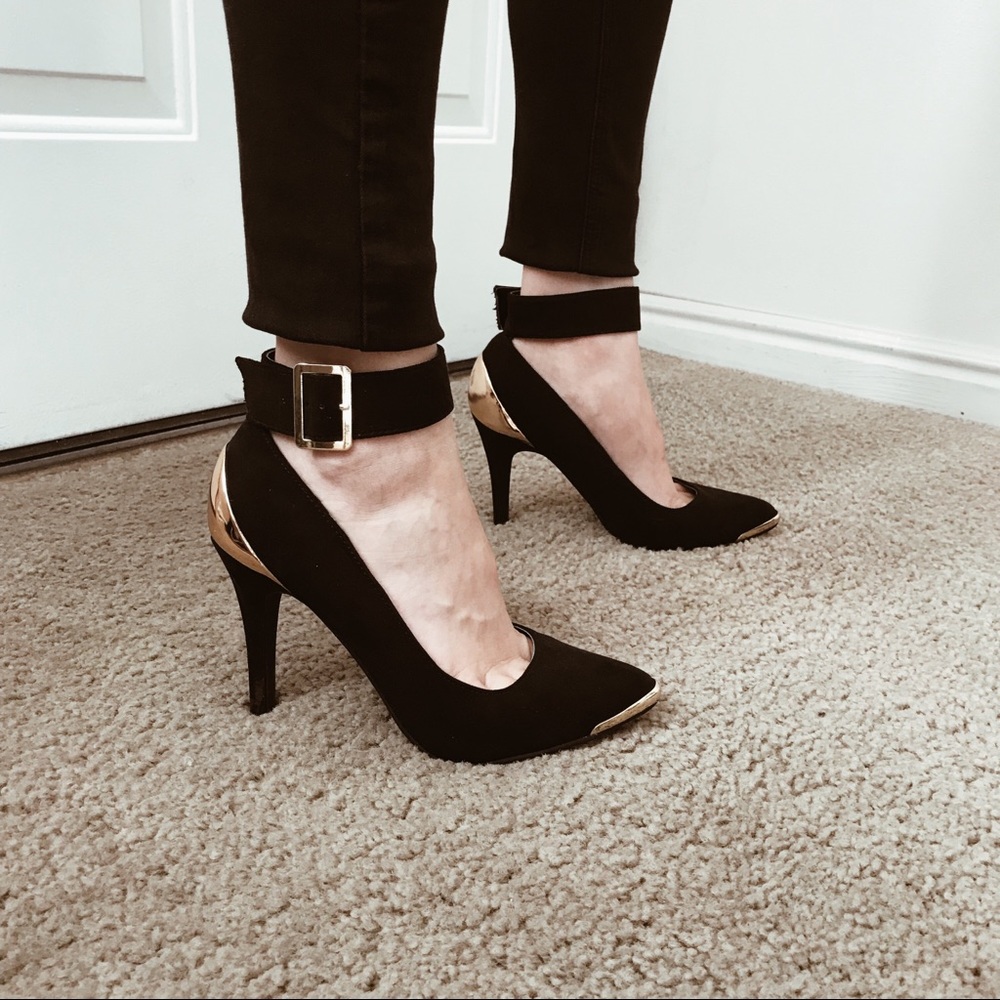 New Look Black Ankle Strap Heels with Gold Detail
