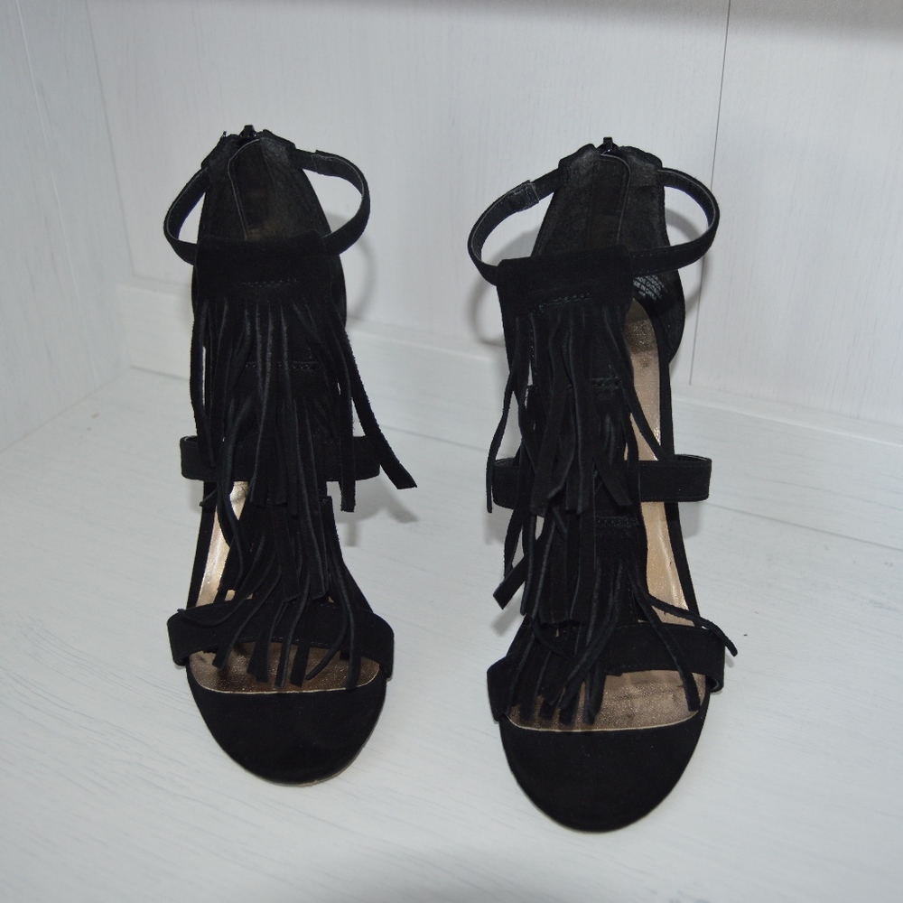 MADDEN GIRL BLACK FRINGE HEELS