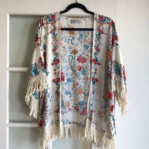Zara Trafaluc Floral Print Fringe Trim Kimono