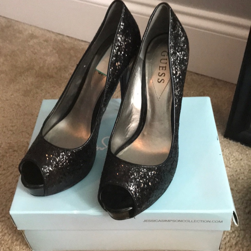 Black GUESS open toe Glitter heels