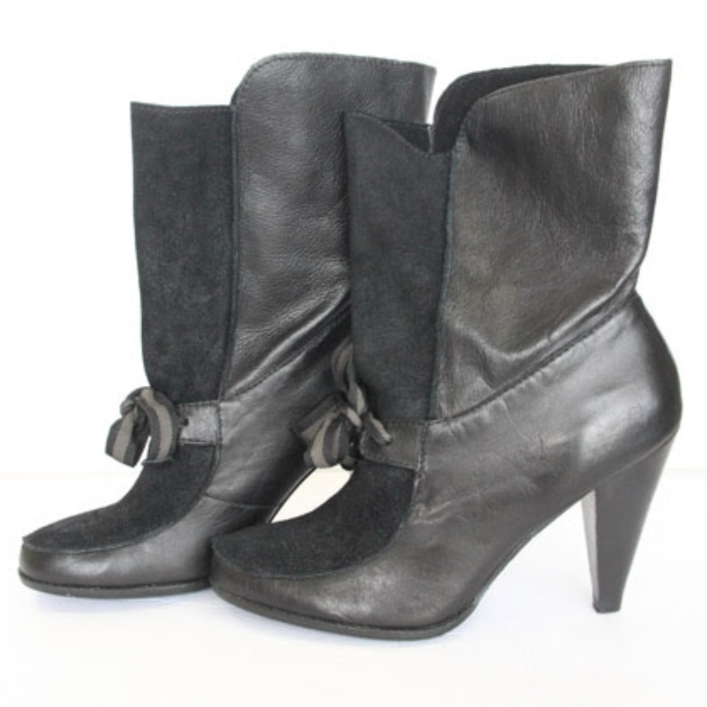 Poetic License Black Leather Boots Heels Bow - Picture 4 of 7
