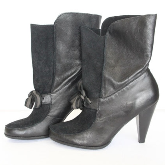 Poetic License Black Leather Boots Heels Bow - Picture 4 of 7