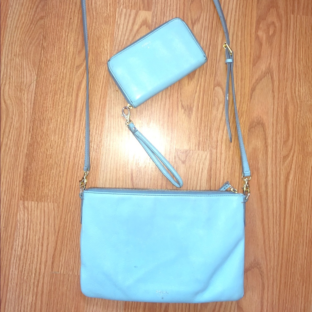Fossil light blue purse and wristlet