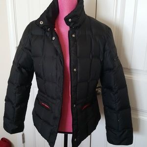 Black puffer coat with fold away hood
