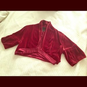 Red velvet bolero jacket with satin tie front
