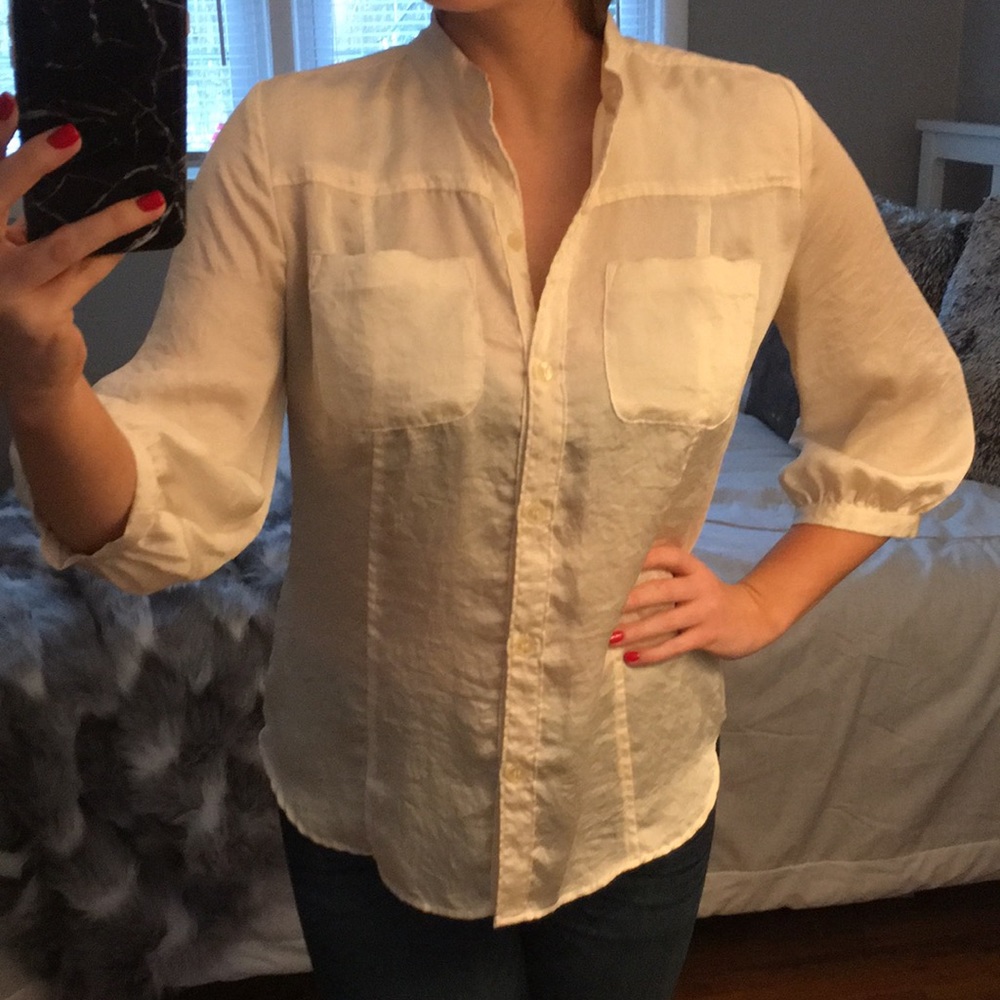 Cream Silky Button Down 3/4 Sleeve with Pockets