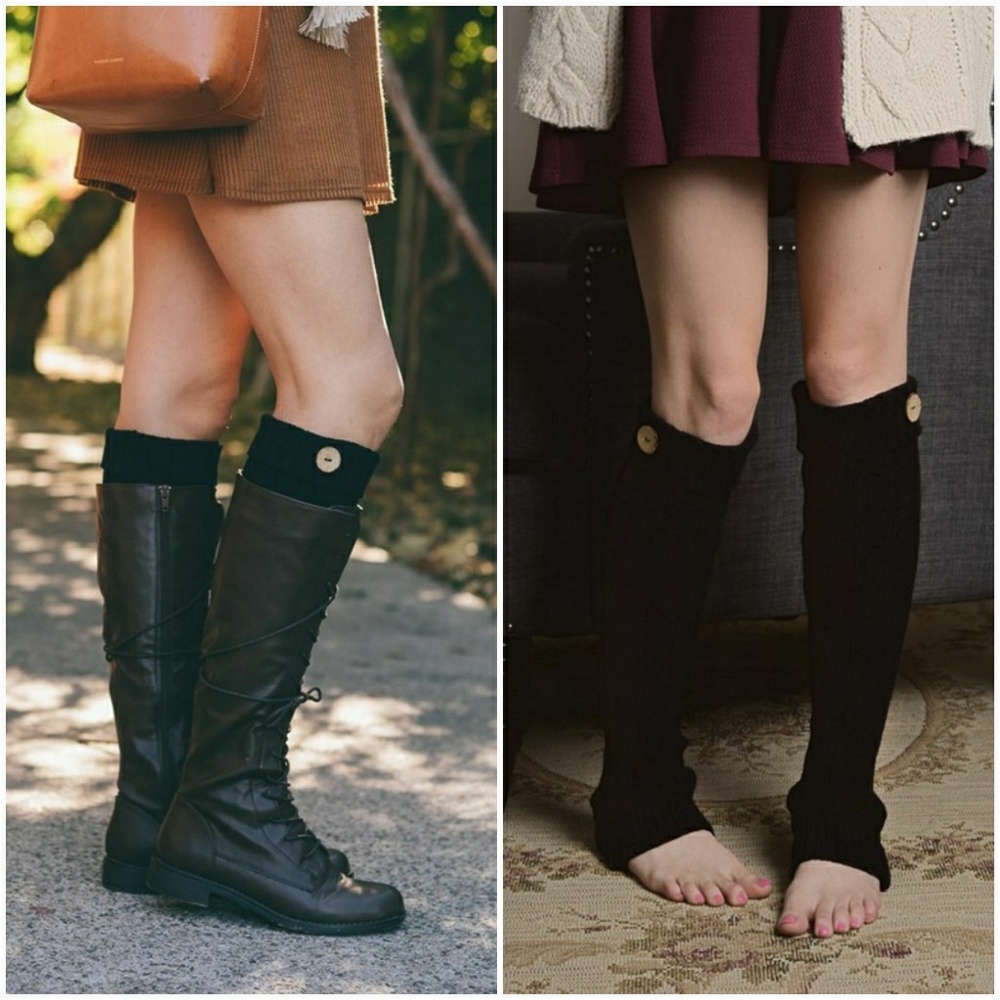 Cable Knit Button Boot Socks - Black