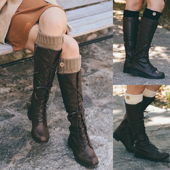 Cable Knit Button Boot Socks - Black - Picture 2 of 3