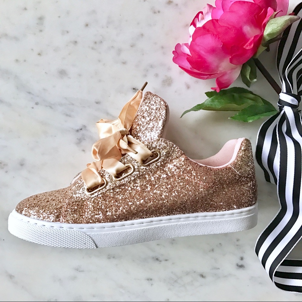Lace-Up Rose Gold Glitter Sneakers - Picture 2 of 6