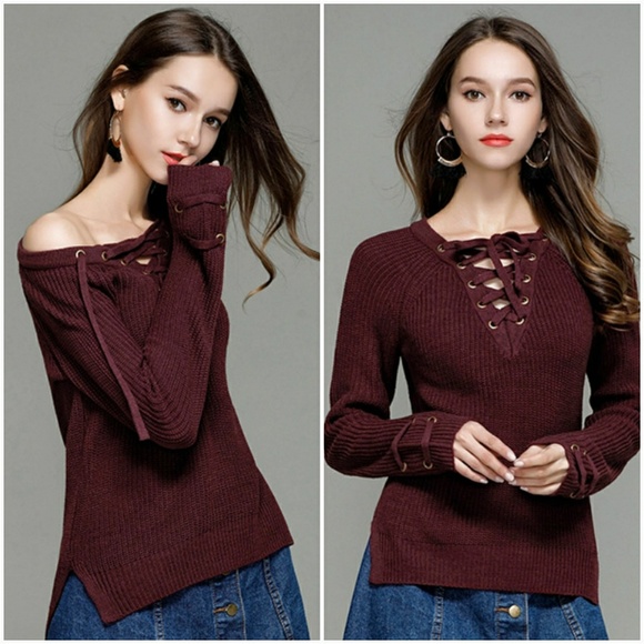 Sweaters - Wine Red Lace Up Knit Sweater